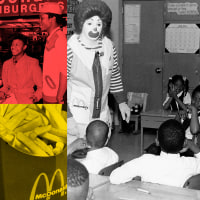 Photo Illustration: Ronald McDonald visits a classroom of Black school children in the 1960s