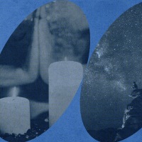 Blue background with three oval shaped blue-tinted photos; from left to right, a whale tail popping out of the ocean, hands held together in prayer behind a pair of candles, and a person sitting on a cliff looking out into a starry night sky.