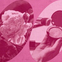 Pink background with three oval cutouts of pink-tinted images; from left to right: up-close shot of the goddess Venus from a painting, a rose, and a hand holding a blush makeup compact.