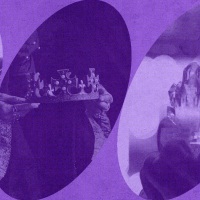 Purple background with oval cutouts of three purple-tinted images; from left to right: classical statue of a man posed thoughtfully, a robed person holding a royal crown, and a hand holding up a purple crystal.