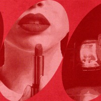 Red background with oval cutouts of three images; from left to right: a flaming matchstick, a woman with red lips holding a tube of lipstick, and a line of lit-up siren alarms.
