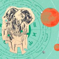 Paper cutout of the aries zodiac on a green background