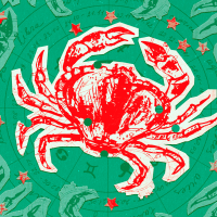 Paper cutouts of the Cancer zodiac on a green background