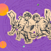 Paper cutout of the Gemini zodiac on a purple background