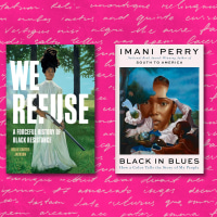 The books "Seven Days In June", "We Refuse", and "Black In Blues" on a pink background