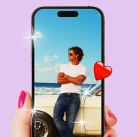 A collage of three smartphones held by a woman displays dating profile images of men—one holding money, another posing in front of a luxury car, and a third playing guitar—against a purple background. The image highlights the concept of "kittenfishing," where people present an exaggerated or misleading version of themselves online.