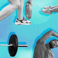 Blue gradient background with several cropped cutouts of people doing various workouts. From top left to bottom right: a person picking up a weight; a woman doing crunches; someone holding up a barbell; a man doing a yoga stretch; and a woman on a pilates reformer.