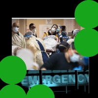 Photo collage of green circles atop images of the ER during height of COVID-19