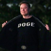 Elon Musk with a shirt that says "DOGE"