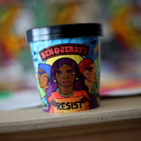 Oakland artist and organizer Favianna Rodriguez designed the artwork for Ben & Jerry's new "Pecan Resist" political ice cream pint, that is photographed in Oakland, Calif., on Thursday, Nov. 1, 2018. 