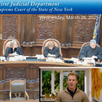 A screenshot from a video labeled as a March 26, 2025 live stream video on the YouTube channel of the Appellate division of the First Judicial Department of the Supreme Court of the state of New York, shows an artificial intelligence-generated avatar, bottom right, addressing the justices on a video screen set up in the courtroom.