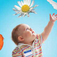 Picture of a baby with a "Hello, my name is" nametag, surrounded by several objects: a cardinal, the planet Jupiter, a daisy, a dove, and a clover. The baby is reaching towards the dove.
