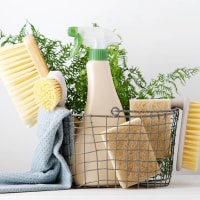Eco brushes, sponges and rag in cleaning basket