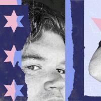 Photo collage with up-close photographs of Josie Riesman's face and of her arm with a tattoo in Hebrew. Cutouts of the Star of David are placed throughout.