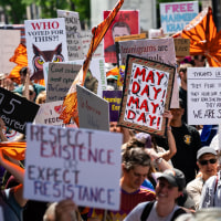 Demonstrators during a May Day immigrant and workers rights rally in Washington, DC, on Thursday, May 1, 2025. 