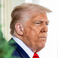 Donald Trump waits outside between a bush and a flag