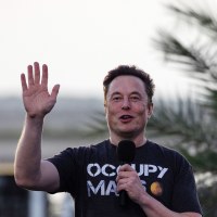 Elon Musk raises his hand while he speaks,