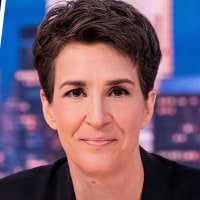 A split composite of a flight status screen and Rachel Maddow.