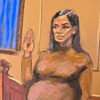 Courtroom sketch of Sean "Diddy" Combs and former girlfriend Casandra "Cassie" Ventura.