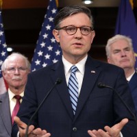 House Speaker Mike Johnson speaks at the Capitol 