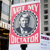  A marcher holds a sign that says, "Not My Dictator" with a picture of Donald Trump in front of Trump International Tower
