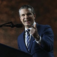 Secretary of Defense Pete Hegseth addresses troops at the Al-Udeid air base in Qatar on May 15, 2025.