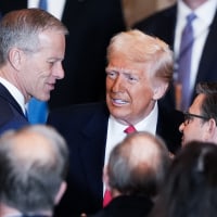 President Donald Trump speak with John Thune and Mike Johnson