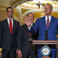 Senate Majority Leader John Thune is joined by, from left, Republican Sens. Tom Cotton and John Barrasso and Rep. James Lankford, R-Okla., at the Capitol on May 13, 2025.
