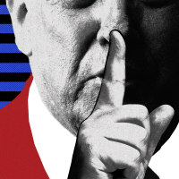 Photo collage of an up-close image of Donald Trump, holding his finger to his mouth as if he is hushing someone.