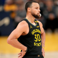 May 2, 2025; San Francisco, California, USA; Golden State Warriors guard Stephen Curry (30) stands on the court during a break in the action against the Houston Rockets in the fourth quarter of game six of the first round for the 2025 NBA Playoffs at Chase Center. Mandatory Credit: Cary Edmondson-Imagn Images
