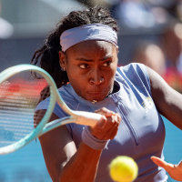 MADRID, SPAIN - MAY 1: Coco Gauff of the United States plays a forehand during the Women's Singles Semi-Final match against Iga Swiatek of Poland during the Mutua Madrid Open 2025 tournament celebrated at La Caja Magica on May 01, 2025 in Madrid, Spain. (Photo by Alberto Gardin/Eurasia Sport Images/Getty Images)