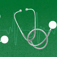 Several stethoscopes against an EKG line, on a green background.