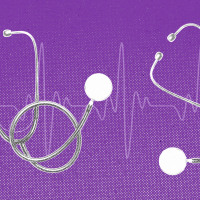 Several stethoscopes against an EKG line, on a purple background.