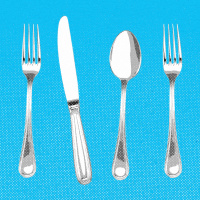 Forks, knives, and spoons lined up against a blue background.