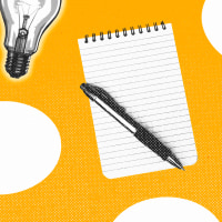 Light bulbs, note pads and pens, and speech bubbles repeated in a pattern against a yellow background.