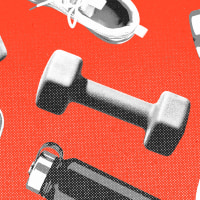 Running sneakers, water bottles, and weights repeating in a pattern against a red background.