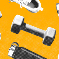 Running sneakers, water bottles, and weights repeating in a pattern against a yellow background.