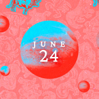 Planets over a zodiac collage background