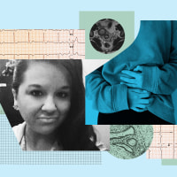 collage of medical exams, ultrasounds of endometriosis, writer on a blue background
