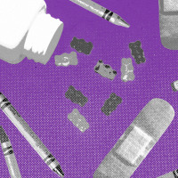 Vitamin bottle open with gummy bears spilling out, surrounded by crayons and bandaids, against a purple background.