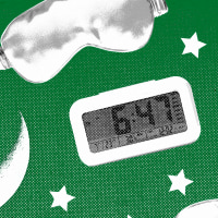 Repeating pattern of alarm clocks, sleep eye masks, stars, and crescent moons against a green background.