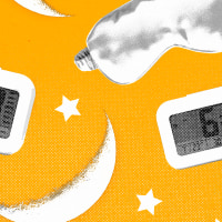 Repeating pattern of alarm clocks, sleep eye masks, stars, and crescent moons against a yellow background.
