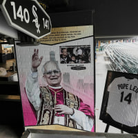 White Sox commemorate fandom of Pope Leo XIV with Graphic installation at Rate Field before a baseball game between the Seattle Mariners and the Chicago White Sox in Chicago, Monday, May 19, 2025. 