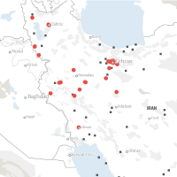 A map of Iran with the location of Israeli attacks pinpointed, alongside Iranian military sites. More than 20 attacks are located on the map, with the most around Tehran.