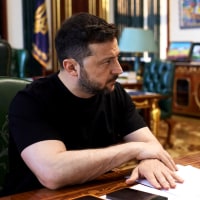 Ukrainian President Volodymyr Zelensky (L) meeting with the head of Ukraine's Security Service Vasyl Malyuk (R) in Kyiv