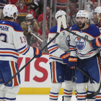 Edmonton Oilers defenseman Jake Walman (96) celebrates his goal during the third period of Game 4 of the Stanley Cup Final against the Florida Panthers.
