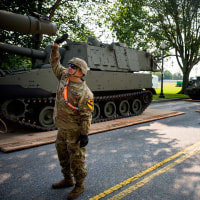U.S. Army soldiers work on an assortment of military vehicles at West Potomac Park on June 11, 2025 in Washington.