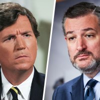 A split composite image of Tucker Carlson, left, and Ted Cruz