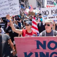Split image of Ari Melber and an image from the No Kings protest 