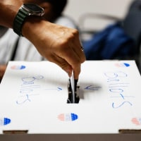 A voter casts a ballot in a box